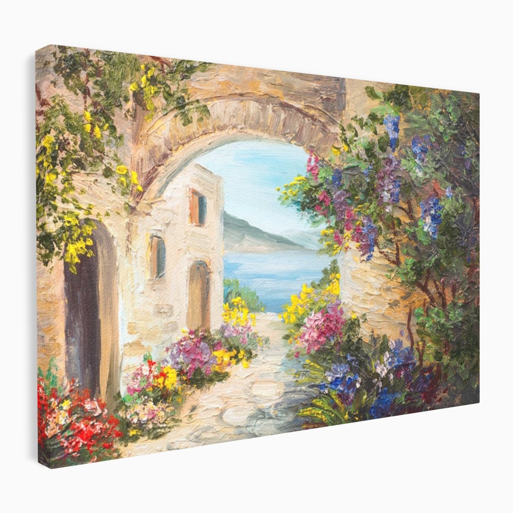 Tablou canvas cu pictura in ulei cu arcada de piatra si mare, fara rama, pe sasiu de lemn